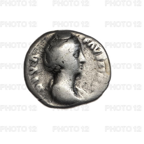 Denarius, Faustina the Elder (98–141; Roman empress 138–141) (posthumous); issuer: Antoninus Pius (86–161; Roman emperor 138–161). Obverse: Bust of Faustina I in drapery facing right, legend DIVA • FAVSTI. Reverse: Fortuna in a veil stands left, holding a globe in her outstretched right hand and a rudder in her left, legend AETERN. Date: after 141, Roman Empire (27 BC–476), Rome. Coin; weight 3.12 g; diameter 16.0–18.0 mm; axis 180°.