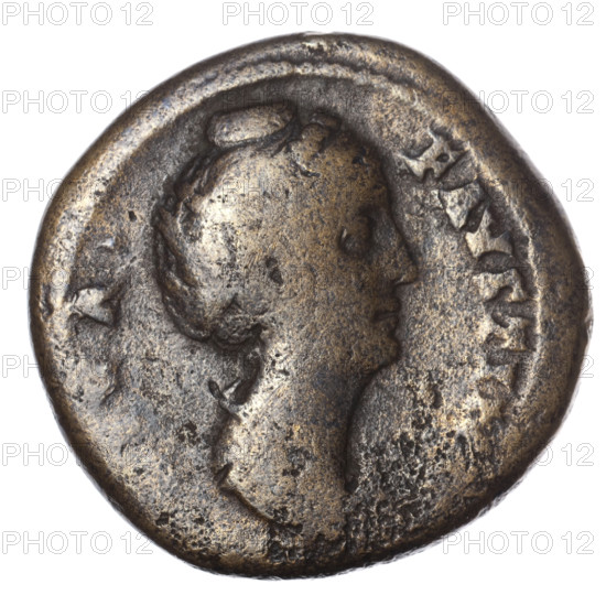 Sestertius, posthumous issue for Faustina the Elder (98–141; Roman empress 138–141), struck under Antoninus Pius (86–161; Roman emperor 138–161). Obverse: bust of Faustina I in drapery facing right, legend VA - FAVSTIN (all around). Reverse: Ceres stands frontally, head turned left; in her raised right hand a short torch, in her lowered left hand ears of corn, letter G (all around); in fields S-., . Minted after 141, Roman Empire (27 BC–476), Rome. Coin; bronze; weight 23.72 g; diameter c. 30.5–32.0 mm; axis 0°.