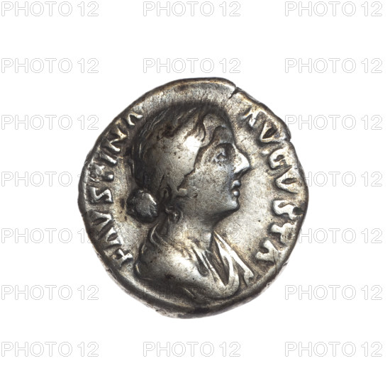 Denarius of Faustina the Younger (ca. 130–176), Roman Empress (161–176); issuer: Marcus Aurelius (121–180), Roman Emperor (161–180). Obverse: Bust of Faustina II in drapery facing right, inscription FAVSTINA·AVGVSTA. Reverse: Juno veiled, standing left, holding a patera in her right hand and a long scepter in her left; a peacock at her feet left, inscription IVNONI·REGINAE. Date: 161–176. Roman Empire (27 BC–476). Coin; diameter ca. 16.5–17.0 mm; weight 2.80 g; axis 195°.
