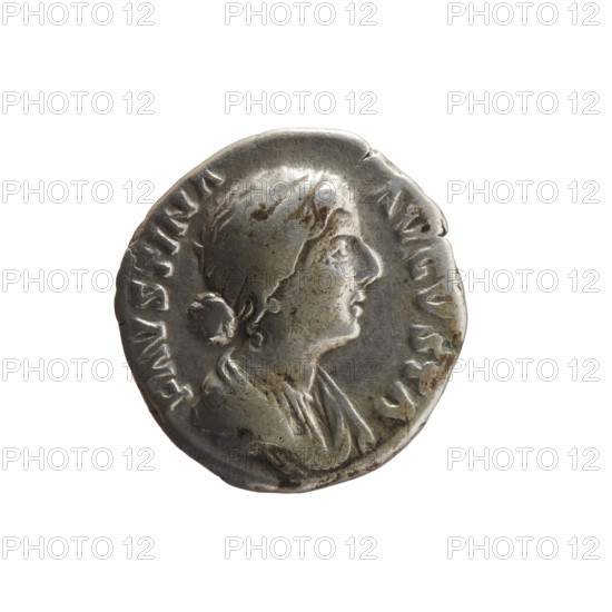 Denarius of Faustina the Younger (ca. 130–176; Roman empress 161–176), issued under Marcus Aurelius (121–180; Roman emperor 161–180). Obverse: bust of Faustina II in drapery facing right, inscription FAVSTINA·AVGVSTA. Reverse: Juno in a veil standing left, holding a patera in her right hand and a long scepter in her left, a peacock at her feet left, inscription IVNONI·REGINAE. Roman Empire, 161–176. Coin; silver. Weight 2.80 g; diameters 16.5–17.0 mm; axis 195°.