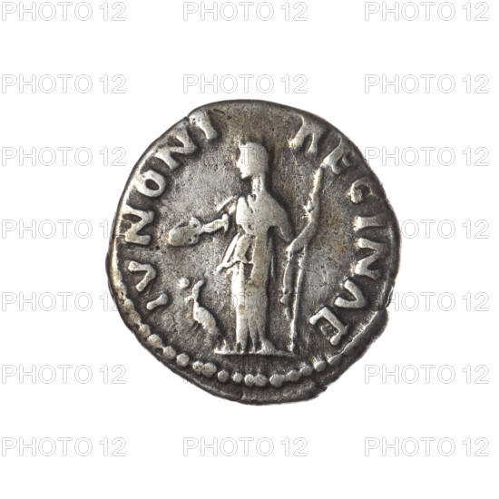 Denarius of Faustina the Younger (ca. 130–176), issued under Marcus Aurelius (121–180). Obverse: Bust of Faustina II in drapery facing right with inscription FAVSTINA·AVGVSTA. Reverse: Juno veiled, standing left, holding a patera in her right hand and a long scepter in her left, with a peacock at her feet at left; inscription IVNONI·REGINAE. Roman Empire, 161–176. Coin (Rome); diameter ~16.5–17.0 mm, weight 2.80 g, axis 195°.