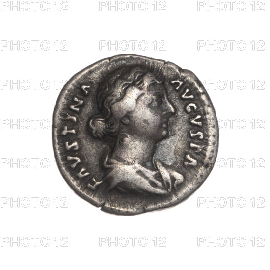 Denarius of Faustina the Younger (ca. 130–176), wife of Marcus Aurelius (121–180). Obverse: Bust of Faustina II draped, facing right, inscription FAVSTINA·AVGVSTA. Reverse: Juno veiled, seated left, holding a patera in her right hand and a scepter in her left, peacock at her feet, inscription IVNONI·REGINAE. Roman Empire, 161–176. Coin; silver. Diameter ~17–18 mm, weight 3.45 g, axis 345°.