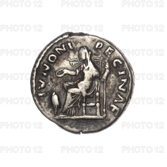 Denarius of Faustina the Younger (ca. 130–176), Roman empress 161–176; issuer Marcus Aurelius (121–180), Roman emperor 161–180. Obverse: bust of Faustina II in drapery facing right, inscription FAVSTINA·AVGVSTA. Reverse: Juno veiled, seated left, holding a patera in her right hand and a scepter in her left, peacock at her feet, inscription IVNONI·REGINAE. Date: 161–176. Roman Empire, Rome. Coin; diameter 17.0–18.0 mm, weight 3.45 g, axis 345°.