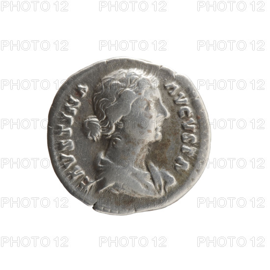 Denarius of Faustina the Younger (ca. 130–176), Roman empress 161–176; issuer: Marcus Aurelius (121–180), Roman emperor 161–180. Obverse: bust of Faustina II in drapery facing right, legend FAVSTINA·AVGVSTA. Reverse: Juno in a veil seated left, holding a patera in her right hand and a scepter in her left, a peacock at her feet left, legend IVNONI·REGINAE. Roman Empire, Rome, ca. 161–176. Coin; silver; weight 3.45 g; diameters 17.0–18.0 mm; axis 345°.
