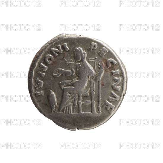 Denarius of Faustina the Younger (ca. 130–176), Roman empress 161–176; issuer Marcus Aurelius (121–180), Roman emperor 161–180. Obverse: Bust of Faustina II in drapery facing right, legend FAVSTINA·AVGVSTA. Reverse: Juno veiled, seated left, holding a patera in her right hand and a scepter in her left, peacock at her feet, legend IVNONI·REGINAE. Roman Empire (27 BC–476), Rome. Coin; silver denarius. Weight 3.45 g; diameter ~17–18 mm; axis 345°.