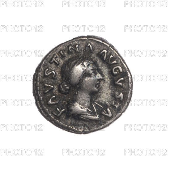 Denarius depicting Bust of Faustina II in drapery facing right, inscribed FAVSTINA AVGVSTA; reverse: Juno in a veil standing left, holding a patera in her right hand and a long scepter in her left, with a peacock at her feet, inscribed IVNONI R-E-GINAE. Issuer: Marcus Aurelius; portraits/icons: Faustina the Younger; iconography: Juno, peacocks, scepters, paterae, Roman deities. Date: 161–176 CE (Roman Empire). Material: coin. Diameter: ~16.5–17.0 mm. Weight: 3.40 g. Axis: 180°.
