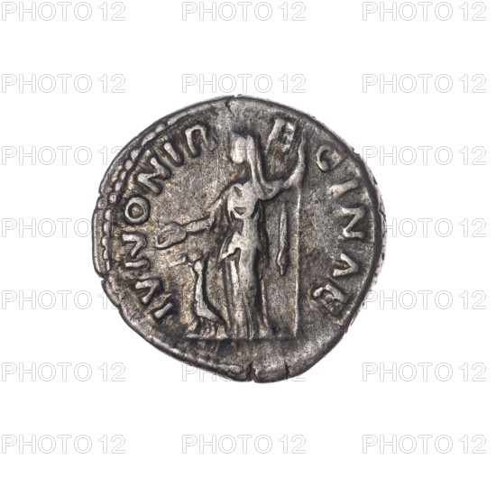 Denarius of Faustina the Younger (ca. 130–176), issuer Marcus Aurelius (121–180). Obverse: Bust of Faustina II in drapery facing right, legend FAVSTINA AVGVSTA. Reverse: Juno veiled, standing left, holding a patera in her right hand and a long scepter in her left, a peacock at her feet left, legend IVNONI R-E-GINAE. Roman Empire, 161–176. Coin; weight 3.40 g; diameters 16.5–17.0 mm; axis 180°.
