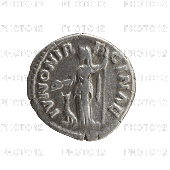 Denarius depicting Bust of Faustina II in drapery facing right, legend FAVSTINA AVGVSTA; reverse: Juno in a veil standing left, holding a patera in her right hand and a long scepter in her left, a peacock at her feet at left, legend IVNONI R - E - GINAE. Issuer: Marcus Aurelius; obverse portrait/subject: Faustina the Younger (ca. 130–176, Roman empress 161–176). Iconography: Juno, peacocks, scepters, paterae, Roman deities. Roman Empire, ca. 161–176. Coin (denarius); diameter ~16.5–17.0 mm, weight 3.40 g, axis 180°.