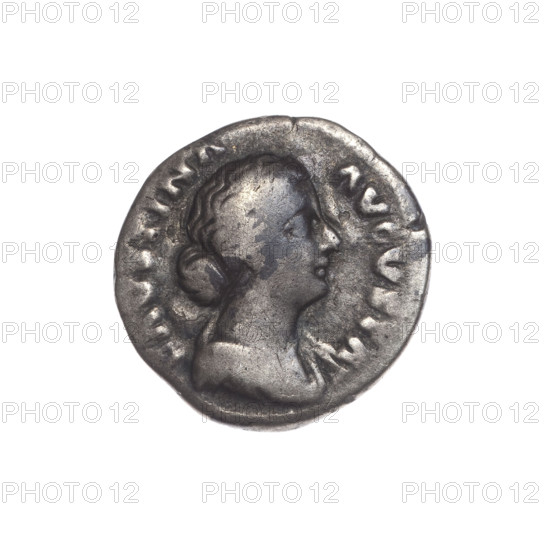 Denarius of Faustina the Younger (ca. 130–176; Roman empress 161–176), issuer Marcus Aurelius (121–180; Roman emperor 161–180). Obverse: bust of Faustina II in drapery facing right, inscription FAVSTINA · AVGVSTA. Reverse: Juno veiled, standing left, holding a patera in her right hand and a long scepter in her left, a peacock at her feet on the left, inscription I V · N O circumferential. Date: 161–176. Roman Empire, Rome. Coin: diameter 17.0–17.5 mm, weight 2.80 g, axis 0°.