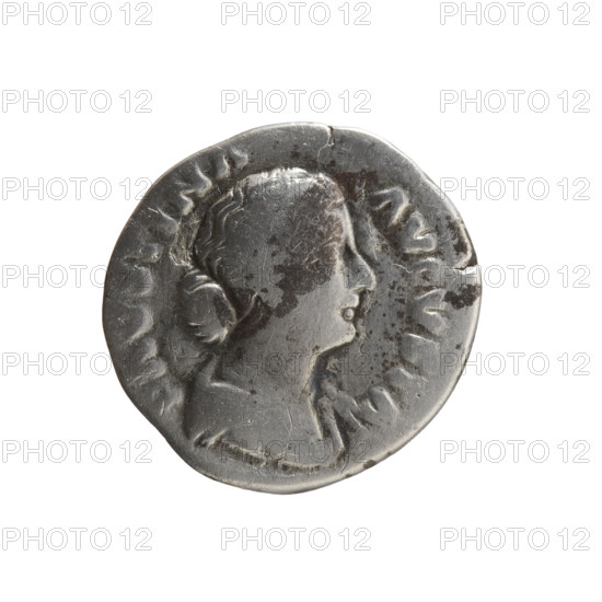 Denarius of Faustina the Younger (ca. 130–176; Roman empress 161–176), issuer Marcus Aurelius (121–180; Roman emperor 161–180). Obverse: Bust of Faustina II in drapery facing right, inscription FAVSTINA·AVGVSTA. Reverse: Juno in a veil standing left, holding a patera in her right hand and a long scepter in her left, a peacock at her feet left, inscription I V–N O circumferential. Iconography: peacocks, Juno, Faustina the Younger, pateras, scepters, Roman deities. Date: 161–176, Roman Empire (27 BC–476), Rome. Coin type: denarius; diameter 17.0–17.5 mm, weight 2.80 g, axis 0°.