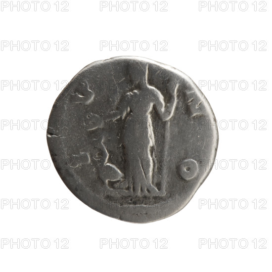 Denarius, Faustina the Younger (ca. 130–176; Roman empress 161–176), Marcus Aurelius (121–180; Roman emperor 161–180) (issuer). Obverse: Bust of Faustina II in drapery facing right, legend FAVSTINA·AVGVSTA. Reverse: Juno veiled, standing left, holding a patera in her right hand and a long scepter in her left, a peacock at her feet on the left; inscription I V–N O circumferential. Iconography: peacocks, Juno, pateras, scepters, Roman deities; Faustina the Younger — iconography. Date: 161–176. Roman Empire (27 BC–476), Rome. Coin: dia. 17.0–17.5 mm, weight 2.80 g, axis 0°.