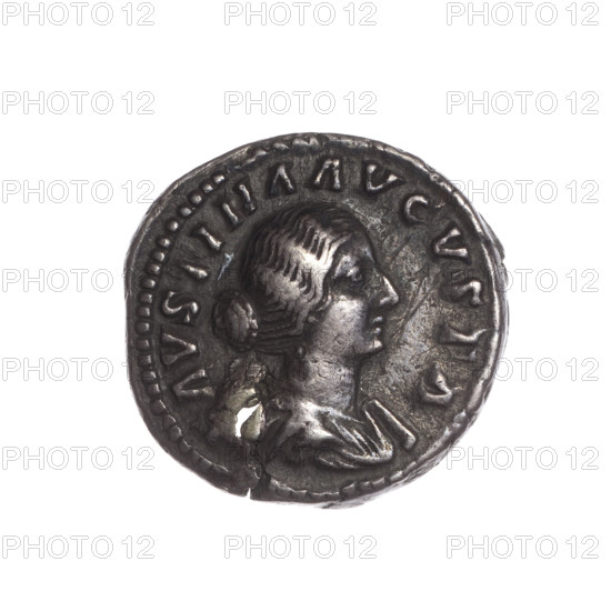 Denarius (with a hole), Faustina the Younger (ca. 130–176; Roman empress 161–176), Marcus Aurelius (121–180; Roman emperor 161–180) (issuer). Obverse: Bust of Faustina II in drapery facing right, inscription FAVSTINA AVGVSTA. Reverse: Fecunditas (personification) standing left, holding two children in her arms, two more children standing at her sides, inscription FECVND AVGVSTA. Date: 161–176. Roman Empire (27 BC–476). Rome. Coin; weight 3.25 g; diameters 17.5–18.5 mm; axis 0°.