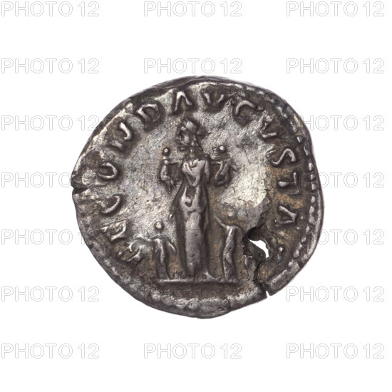Denarius (with a hole). Obverse: Bust of Faustina the Younger in drapery facing right, legend 'FAVSTINA AVGVSTA.' Reverse: Fecunditas standing left, holding two children with two more children at her sides, legend 'FECVND AVGVSTA.' Issuer: Marcus Aurelius. Subjects/personifications: Fecunditas, children. Dating: ca. 161–176 (Faustina the Younger ca. 130–176; Marcus Aurelius 121–180). Roman Empire. Coin; diameter ~17.5–18.5 mm; weight 3.25 g; axis 0°.