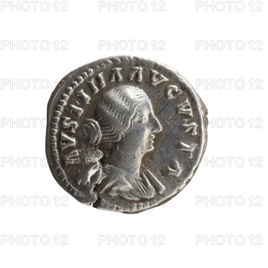 Denarius (with a hole), Faustina the Younger (ca. 130–176; Roman empress 161–176), Marcus Aurelius (121–180; Roman emperor 161–180) (issuer). Obverse: Bust of Faustina II in drapery facing right, inscription FAVSTINA AVGVSTA. Reverse: Fecunditas (personification) standing left, holding two children in her arms, two more children standing at her sides, inscription FECVND AVGVSTA. Roman Empire, ca. 161–176. Coin; silver. Diameter 17.5–18.5 mm, weight 3.25 g, axis 0°.