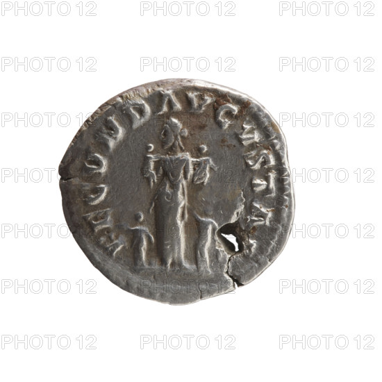 Denarius (with a hole), Faustina the Younger (ca. 130–176; Roman empress 161–176), Marcus Aurelius (121–180; Roman emperor 161–180) — issuer. Obverse: Bust of Faustina II in drapery facing right, inscription 'FAVSTINA AVGVSTA' all around. Reverse: Fecunditas (personification) standing left, holding two children in her arms, two more children standing at her sides, inscription 'FECVND AVGVSTA' all around. Iconography: children, personifications. Date: 161–176. Period: Roman Empire (27 BC–476). Place: Rome. Coin. Weight: 3.25 g. Diameter: 17.5–18.5 mm. Axis: 0°.