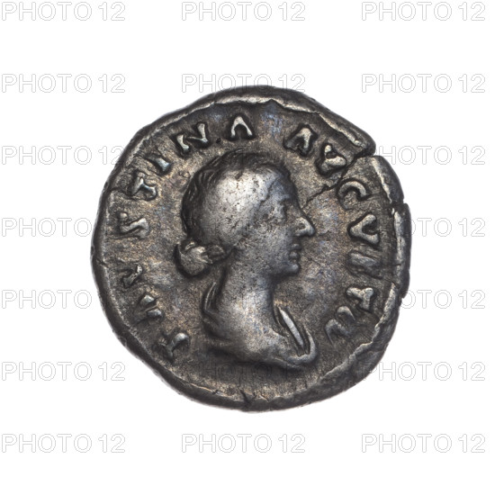 Denarius of Faustina the Younger (ca. 130–176), Roman empress 161–176; issuer Marcus Aurelius (121–180), Roman emperor 161–180. Obverse: bust of Faustina II in drapery facing right, legend FAVSTINA AVGVSTA; Reverse: Fecunditas standing right holding a long scepter in her right hand and a child in her left, legend FECVNDITAS. Date ca. 161–176 CE, Roman Empire (Rome). Coin; silver. Diameter c.16–18 mm, weight 2.85 g, axis 0°.