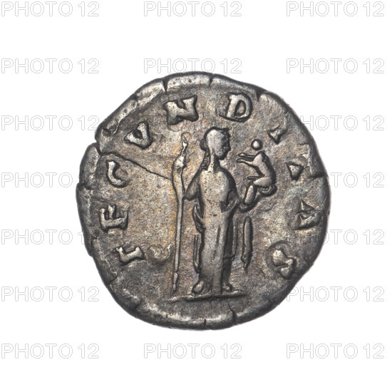 Denarius of Faustina the Younger (ca. 130–176), Roman empress 161–176; issuer Marcus Aurelius (121–180), Roman emperor 161–180. Obverse: Bust of Faustina II in drapery facing right, legend FAVSTINA AVGVSTA. Reverse: Fecunditas (personification) standing right, holding a long scepter in her right hand and a child in her left, legend FECVNDITAS. Date: 161–176. Roman Empire (27 BC–476), Rome. Coin; diameter 16.0–18.0 mm; weight 2.85 g; axis 0°.