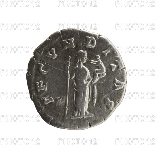 Denarius of Faustina the Younger (ca. 130–176), wife of Marcus Aurelius (121–180). Obverse: Bust of Faustina II in drapery facing right, inscription FAVSTINA AVGVSTA. Reverse: Fecunditas standing right, holding a long scepter in her right hand and a child in her left, inscription FECVNDITAS. Date: 161–176. Roman Empire, Rome. Coin; diameter 16.0–18.0 mm, weight 2.85 g, axis 0°.