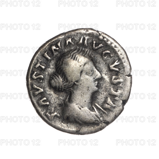Denarius depicting Faustina the Younger (ca. 130–176; Roman empress 161–176). Obverse: Bust of Faustina II draped, facing right, inscription FAVSTINA AVGVSTA. Reverse: Fecunditas standing left holding two children, with two more children at her sides, inscription FECVND AVGVSTAE. Marcus Aurelius (121–180; Roman emperor 161–180) issuer. Date: 161–176. Roman Empire, Rome. Coin; silver. Diameter 17.5 mm; weight 3.10 g; axis 180°.