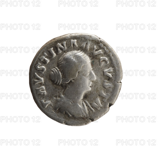 Denarius of Faustina the Younger (ca. 130–176; Roman empress 161–176), issuer Marcus Aurelius (121–180; Roman emperor 161–180). Obverse: Bust of Faustina II in drapery facing right, inscription FAVSTINA AVGVSTA. Reverse: Fecunditas (personification) standing left, holding two children in her arms, two more children standing at her sides, inscription FECVND AVGVSTAE. Date: 161–176. Roman Empire, Rome. Coin; diameter 17.5 mm, weight 3.10 g, axis 180°.