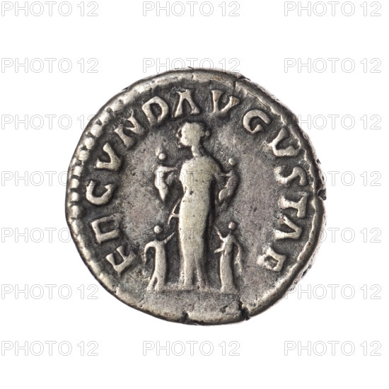 Denarius of Faustina the Younger (ca. 130–176), Roman empress 161–176; Marcus Aurelius (issuer), Roman emperor 161–180. Obverse: Bust of Faustina II in drapery facing right, legend 'FAVSTINA AVGVSTA'. Reverse: Fecunditas (personification) standing left, holding two children in her arms, two more children standing at her sides, legend 'FECVND AVGVSTAE'. Date: 161–176. Roman Empire, Rome. Coin; diameter 17.5 mm, weight 3.10 g, axis 180°.