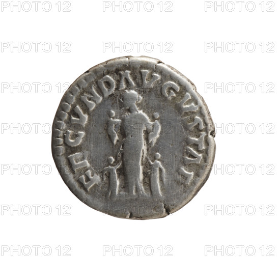Denarius of Faustina the Younger (ca. 130–176), Roman empress 161–176; issuer: Marcus Aurelius (121–180), Roman emperor 161–180. Obverse: Bust of Faustina II in drapery facing right, legend FAVSTINA AVGVSTA. Reverse: Fecunditas (personification) standing left holding two children, with two more children at her sides, legend FECVND AVGVSTAE. Date: 161–176. Roman Empire, Rome. Coin; silver. Diameter 17.5 mm; weight 3.10 g; axis 180°.