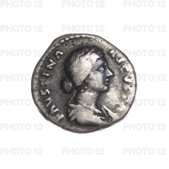 Denarius, Faustina the Younger (ca. 130–176; Roman empress 161–176), Marcus Aurelius (121–180; Roman emperor 161–180) (issuer). Draped bust of Faustina II facing right, inscription FAVSINA AVGVSTA around. Reverse: Fecunditas (personification) standing right, holding a long scepter in her right hand and a child in her left, inscription FECVNDITAS around. Iconography: Fecunditas, scepters, children, personifications. Date: 161–176. Roman Empire (27 BC–476), Rome. Coin; silver denarius; diameter 17.5 mm; weight 2.84 g; axis 0°.