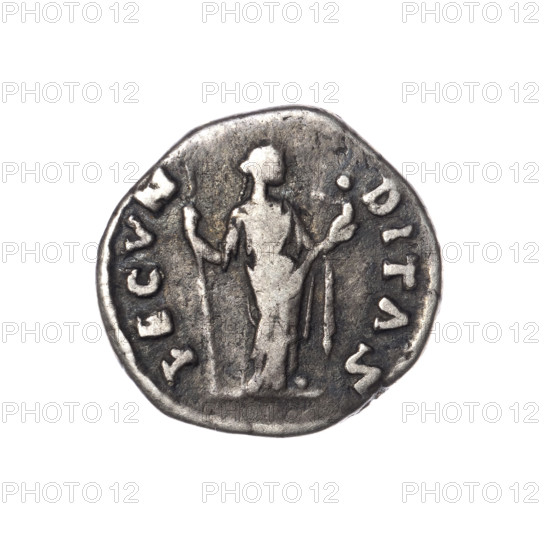 Denarius of Faustina the Younger (ca. 130–176; Roman empress 161–176), issuer Marcus Aurelius (121–180; Roman emperor 161–180). Obverse: draped bust of Faustina II facing right, legend FAVSINA AVGVSTA. Reverse: Fecunditas standing right, holding a long scepter in her right hand and a child in her left, legend FECVNDITAS. Date ca. 161–176. Roman Empire (27 BC–476). Coin; dia. 17.5 mm, weight 2.84 g, axis 0°.