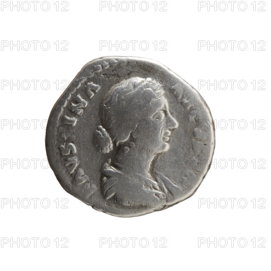 Denarius of Faustina the Younger (ca. 130–176; Roman empress 161–176). Obverse: draped bust of Faustina II facing right, inscription FAVSINA AVGVSTA. Reverse: Fecunditas standing right, holding a long scepter in her right hand and a child in her left, inscription FECVNDITAS. Issuer: Marcus Aurelius (121–180; Roman emperor 161–180). Iconography: Fecunditas (personification), scepters, children, personifications. Date: 161–176. Roman Empire, Rome. Coin; diameter 17.5 mm, weight 2.84 g, axis 0°.