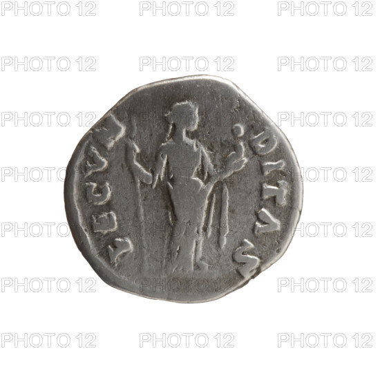 Denarius of Faustina the Younger (ca. 130–176), Roman empress 161–176; issuer Marcus Aurelius (121–180), Roman emperor 161–180. Draped bust of Faustina II facing right, inscription FAVSINA AVGVSTA around. Reverse: Fecunditas standing right, holding a long scepter in her right hand and a child in her left, inscription FECV NDITAS around. Date: 161–176. Roman Empire (27 BC–476). Coin; silver denarius; diameter 17.5 mm; weight 2.84 g; axis 0°.