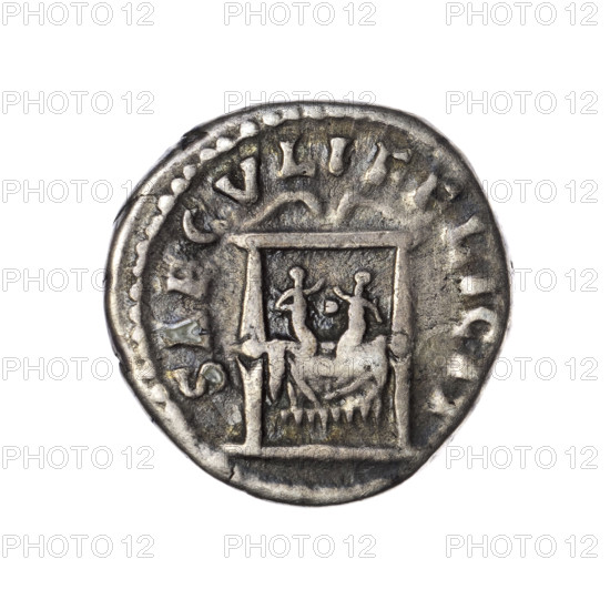 Denarius of Faustina the Younger (ca. 130–176), Roman empress 161–176; Marcus Aurelius (121–180), Roman emperor 161–180 (issuer). Obverse: draped bust of Faustina II facing right, inscribed FAVSTINA AVGVSTA. Reverse: draped throne (pulvinar) with two children—twins Commodus and Antoninus—inscribed SAECVLI FELICIT. Date: 161–176. Roman Empire, Rome. Coin; weight 3.55 g; diameter 17.5 mm; axis 195°.