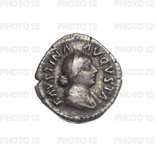Denarius of Faustina the Younger (ca. 130–176; Roman empress 161–176) issued under Marcus Aurelius (121–180; Roman emperor 161–180). Obverse: draped bust of Faustina II facing right, inscription FAVSTINA · AVGVSTA. Reverse: draped throne (pulvinar) on which two children (twins Commodus and Antoninus) sit, inscription SAECVLI · FELICIT. Iconography: thrones, children; Faustina the Younger and Commodus iconography noted. Date: 161–176. Roman Empire, Rome. Coin: silver denarius; diameter ~17.5–18.0 mm; weight 3.28 g; axis 180°.