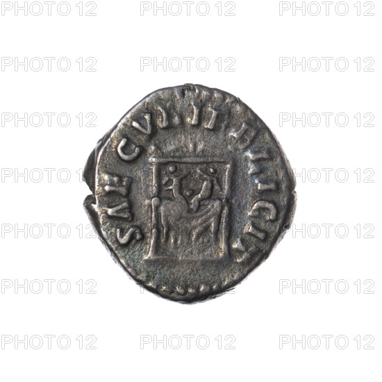 Denarius of Faustina the Younger (ca. 130–176; Roman empress 161–176) issued under Marcus Aurelius (121–180; Roman emperor 161–180). Obverse: draped bust of Faustina II facing right, inscription FAVSTINA·AVGVSTA. Reverse: draped throne (pulvinar) on which two children—twins Commodus and Antoninus—are seated, inscription SAECVLI·FELICIT. Date: 161–176. Roman Empire, Rome. Coin; silver; weight 3.28 g; diameter ~17.5–18.0 mm; axis 180°.