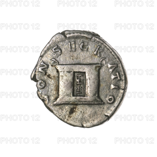 Denarius, Faustina the Younger (ca. 130–176; Roman empress 161–176) (posthumous), issuer Marcus Aurelius (121–180; Roman emperor 161–180). Obverse: Bust of Faustina II in drapery facing right, inscription DIVA FAV - STINA PIA. Reverse: Rectangular altar with a pair of doors and a finial in the form of horns, inscription CON - SECR - ATIO. After 176, Roman Empire (27 BC–476), Rome. Coin; weight 2.85 g; diameters 16.5 mm and 18.5 mm; axis 180 degrees.