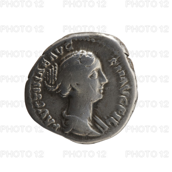 Denarius of Faustina the Younger (ca. 130–176; Roman empress 161–176; Augusta 147–161). Obverse: draped bust of Faustina II facing right, inscription 'FAVSTINAE AVG - PII AVG FIL'. Reverse: Venus standing left, holding an apple in her outstretched right hand and a rudder in her left hand, a dolphin wrapped around the rudder; inscription 'V E - NVS'. Iconography: dolphins, Venus, rudder, apples, Roman deities. Date: 147–161. Roman Empire (27 BC–476), Rome. Coin (denarius); weight 3.00 g; diameters 17.5–18.0 mm; axis 0°.