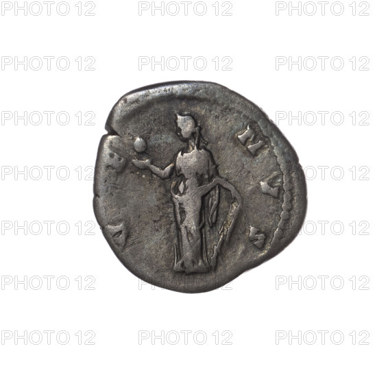 Denarius of Faustina the Younger (ca. 130–176; Roman empress 161–176; Augusta 147–161). Obverse: draped bust of Faustina II facing right, legend FAVSTINAE AVG - PII AVG FIL. Reverse: Venus standing left, holding an apple in her outstretched right hand and a rudder in her left hand, a dolphin wrapped around the rudder, legend V E - NVS. Iconography: dolphins, Venus, rudders, apples, Roman deities. Date: 147–161. Roman Empire (27 BC–476). Rome. Coin; diameter 17.5–18.0 mm; weight 3.00 g; axis 0°.