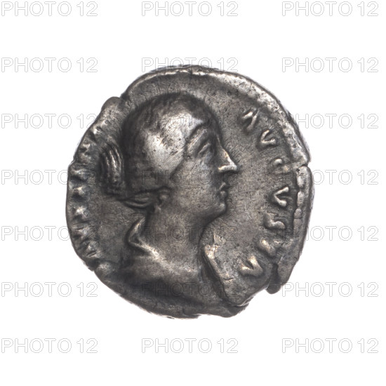 Denarius of Faustina the Younger (ca. 130–176; Roman empress 161–176; Augusta 147–161). Obverse: draped bust of Faustina II facing right, legend AVSTINA - AVGVSTA. Reverse: Venus stands left, holds Victoria in her outstretched right hand, rests her left hand on a shield placed on a helmet, legend VSTI -, II FIL. Iconography: Venus, Victoria, shields, helmets; Roman deities. Roman Empire (27 BC–476), Rome. Coin; diameter ~17.0–17.5 mm; weight 3.18 g; axis 180°.