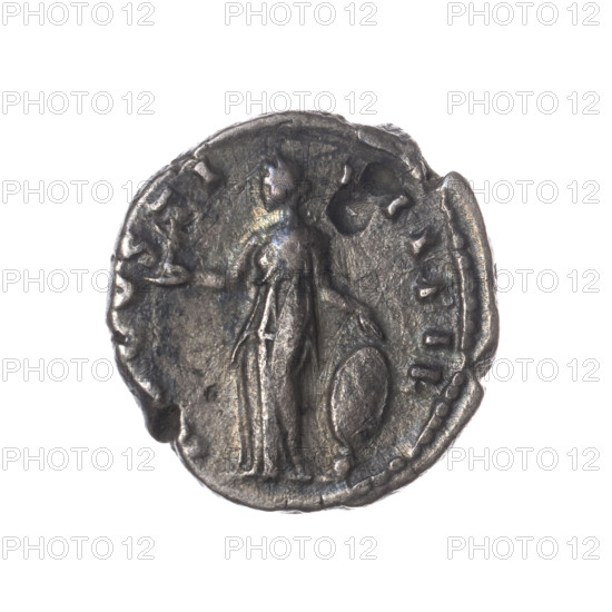 Denarius, Faustina the Younger (ca. 130–176; Roman empress 161–176), obverse: draped bust of Faustina II facing right, legend AVSTINA - AVGVSTA; reverse: Venus stands left, holds Victoria in her outstretched right hand, rests her left hand on a shield placed on a helmet, legend VSTI - II FIL. Roman Empire (27 BC–476), Rome; coin; metal: AV (gold? maybe would be silver denarius normally - keep as coin), weight 3.18 g; diameters 17.0–17.5 mm; axis 180°.
