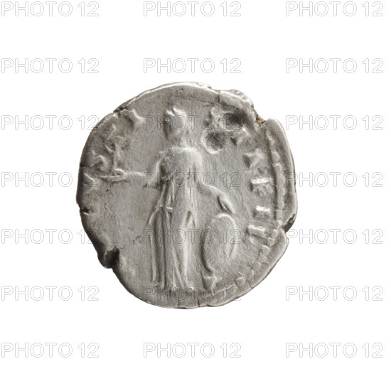 Denarius of Faustina the Younger (ca. 130–176; Roman empress 161–176), draped bust of Faustina II facing right, inscription AVSTINA - AVGVSTA all around; reverse: Venus stands left holding Victoria in her outstretched right hand and resting her left hand on a shield placed on a helmet, inscription VSTI - II FIL all around. Roman Empire (27 BC–476), Rome. Coin; AV (silver). Diameter 17.0–17.5 mm, weight 3.18 g, axis 180°.