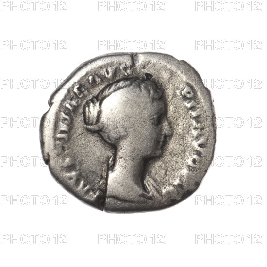 Denarius of Faustina the Younger (ca. 130–176; Roman empress 161–176; Augusta 147–161). Obverse: draped bust of Faustina II facing right, inscription FAVSTINAE AVG - PII AVG FIL. Reverse: Venus standing left, holding an apple in her outstretched right hand and a rudder in her left, a dolphin wrapped around the rudder, inscription V - E - NVS. Iconography: Venus, Roman deities, dolphins, apples, rudders. Date: 147–161. Roman Empire (27 BC–476). Rome. Coin; diameter 17.0–18.5 mm; weight 3.10 g; axis 180°.