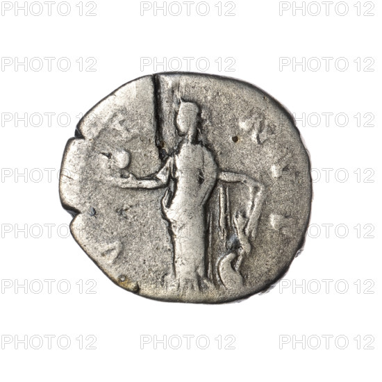 Denarius of Faustina the Younger (ca. 130–176; Roman empress 161–176; Augusta). Obverse: draped bust of Faustina II facing right, inscription FAVSTINAE AVG - PII AVG FIL. Reverse: Venus standing left, holding an apple in her outstretched right hand and a rudder in her left, a dolphin wrapped around the rudder, inscription V - E - NVS. Iconography: Venus, Roman deities, dolphins, apples, rudders. Date: 147–161. Roman Empire (27 BC–476). Coin; diameter 17.0–18.5 mm; weight 3.10 g; axis 180°.