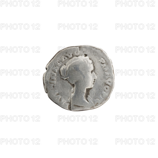 Denarius of Faustina the Younger (ca. 130–176; Roman empress 161–176; Augusta 147–161). Obverse: draped bust of Faustina II facing right, inscription FAVSTINAE AVG - PII AVG FIL. Reverse: Venus standing left, holding an apple in her outstretched right hand and a rudder in her left hand, a dolphin wrapped around the rudder, inscription V-E-NVS. Iconography: Venus, Roman deities, dolphins, apples, rudders. Roman Empire (27 BC–476), Rome. Coin; diameter 17.0–18.5 mm, weight 3.10 g, axis 180°.