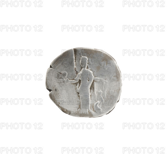 Denarius, Faustina the Younger (ca. 130–176; Roman empress 161–176; Augusta 147–161). Obverse: draped bust of Faustina II facing right, legend FAVSTINAE AVG - PII AVG FIL. Reverse: Venus standing left, holding an apple in her outstretched right hand and a rudder in her left hand, a dolphin wrapped around the rudder, legend V - E - NVS. Roman Empire (27 BC–476), Rome. Coin; diameter 17.0–18.5 mm, weight 3.10 g, axis 180°.