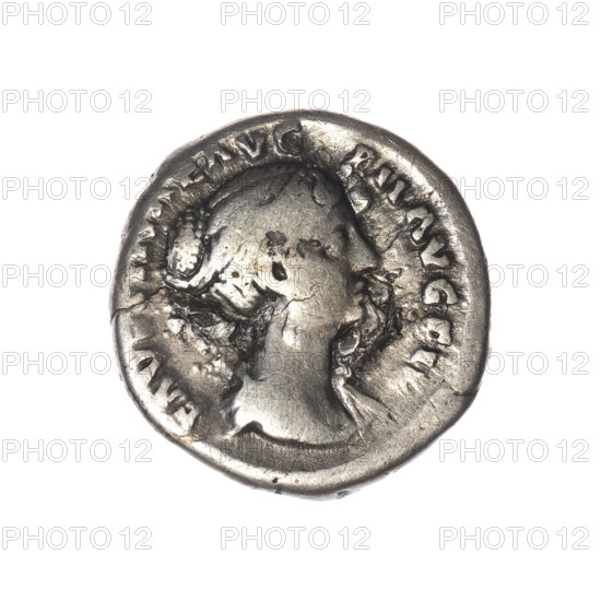Denarius of Faustina the Younger (ca. 130–176; Roman empress 161–176), Augusta. Obverse: Bust of Faustina II in drapery facing right, inscription FAVSTINAE AVG - PII AVG FI. Reverse: Venus stands left, holding an apple in her outstretched right hand and a rudder in her left hand, around which a dolphin is wrapped; iconography includes apples (attribute), Venus, dolphins, rudders. Roman Empire (27 BC–476). Coin. Diameter 18.0 mm, weight 2.99 g, axis 195°.