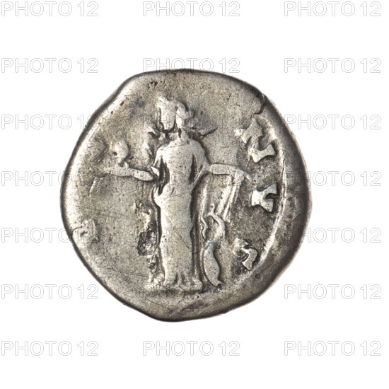 Denarius of Faustina the Younger (ca. 130–176; Roman empress 161–176; Augusta), bust of Faustina II in drapery facing right with inscription 'FAVSTINAE AVG - PII AVG FI' all around; reverse: Venus stands left holding an apple in her outstretched right hand and a rudder in her left hand, a dolphin wrapped around the rudder, inscription around; iconography: apples (attribute), Venus, dolphins, rudders; Roman Empire (27 BC–476), Rome; coin; diameter 18.0 mm; weight 2.99 g; axis 195°.