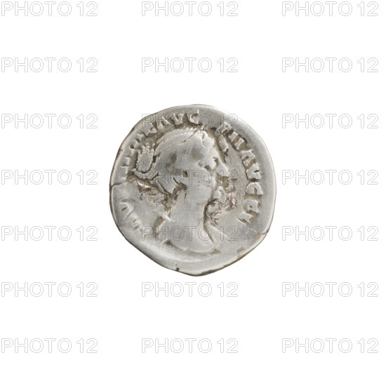 Denarius of Faustina the Younger (ca. 130–176; Roman empress 161–176; Augusta 147–161). Obverse: Bust of Faustina II in drapery facing right, inscribed FAVSTINAE AVG - PII AVG FI. Reverse: Venus stands left, holding an apple in her outstretched right hand and a rudder in her left hand, a dolphin wrapped around the rudder; inscriptions including - NVS. Iconography: apples (attribute), Venus, dolphins, rudders, Roman deities. Roman Empire (27 BC–476), Rome. Coin; diameter 18.0 mm; weight 2.99 g; axis 195°.