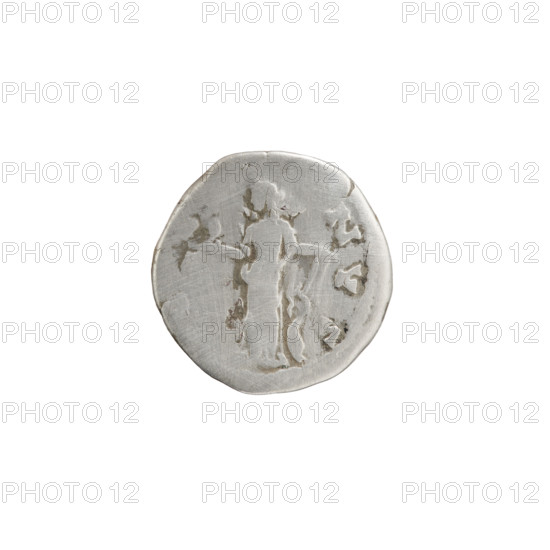Denarius depicting Faustina the Younger (ca. 130–176; Roman empress 161–176). Obverse: Bust of Faustina II draped, facing right, inscribed 'FAVSTINAE AVG - PII AVG FI'. Reverse: Venus stands left, holding an apple in her outstretched right hand and a rudder in her left hand, with a dolphin coiled around the rudder; legend includes 'NVS'. Iconography: apples (attribute), Venus, dolphins, rudders. Roman Empire (27 BC–476), Rome. Coin; diameter 18.0 mm, weight 2.99 g, axis 195°.
