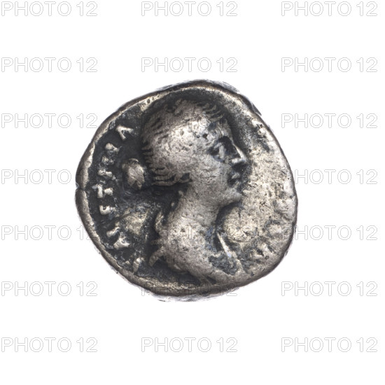 Denarius of Faustina the Younger (ca. 130–176; Roman empress 161–176; Augusta 147–161). Obverse: Draped bust of Faustina II facing right, inscription FAVSTINA–A. Reverse: Spes (personification) standing left, holding a flower in her right hand and lifting the hem of her robe with her left hand, inscription AVG–PII FIL. Roman Empire, Rome, ca. 147–161. Coin; diameter 15.5–16.0 mm, weight 3.10 g, axis 180°.