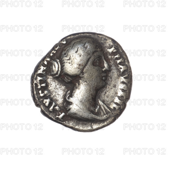 Denarius depicting Faustina the Younger (ca. 130–176; Roman empress 161–176; Augusta), obverse: draped bust of Faustina II facing right, inscribed FAVSTINA AVG - PII AVG FIL. Reverse: Concordia seated left, holding a flower in her right hand, resting her left on a cornucopia, globe under the seat, inscribed CONCORDIA. Roman Empire (27 BC–476), Rome. Coin. Weight 3.37 g; diameter ~17.0–17.5 mm; axis 180°.