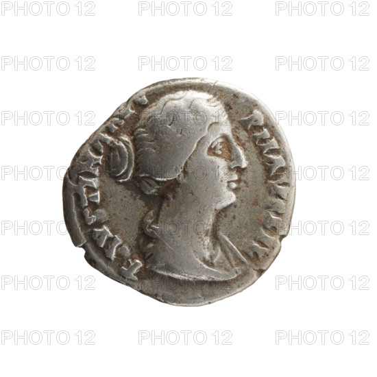 Denarius of Faustina the Younger (ca. 130–176; Roman empress 161–176; Augusta 147–161). Obverse: draped bust of Faustina II facing right, inscription FAVSTINA AVG - PII AVG FIL. Reverse: Concordia seated left holding a flower in her right hand and resting her left on a cornucopia, globe under the seat, inscription CONCORDIA. Roman Empire (27 BC–476). Rome. Coin; diameter ~17.0–17.5 mm; weight 3.37 g; axis 180°.